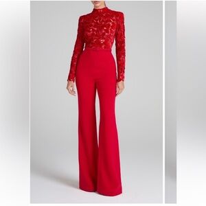Nadine Merabi Eleanor Red Jumpsuit Long Sleeve Velvet Wide Leg Size 4